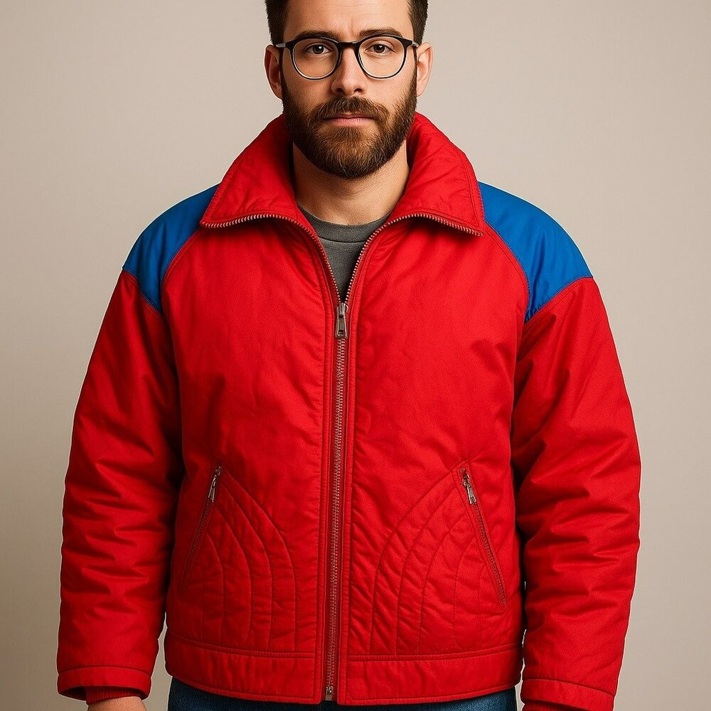 Vintage Continental Gold-Line Red & Blue Insulated Quilted Jacket Zip Front Two